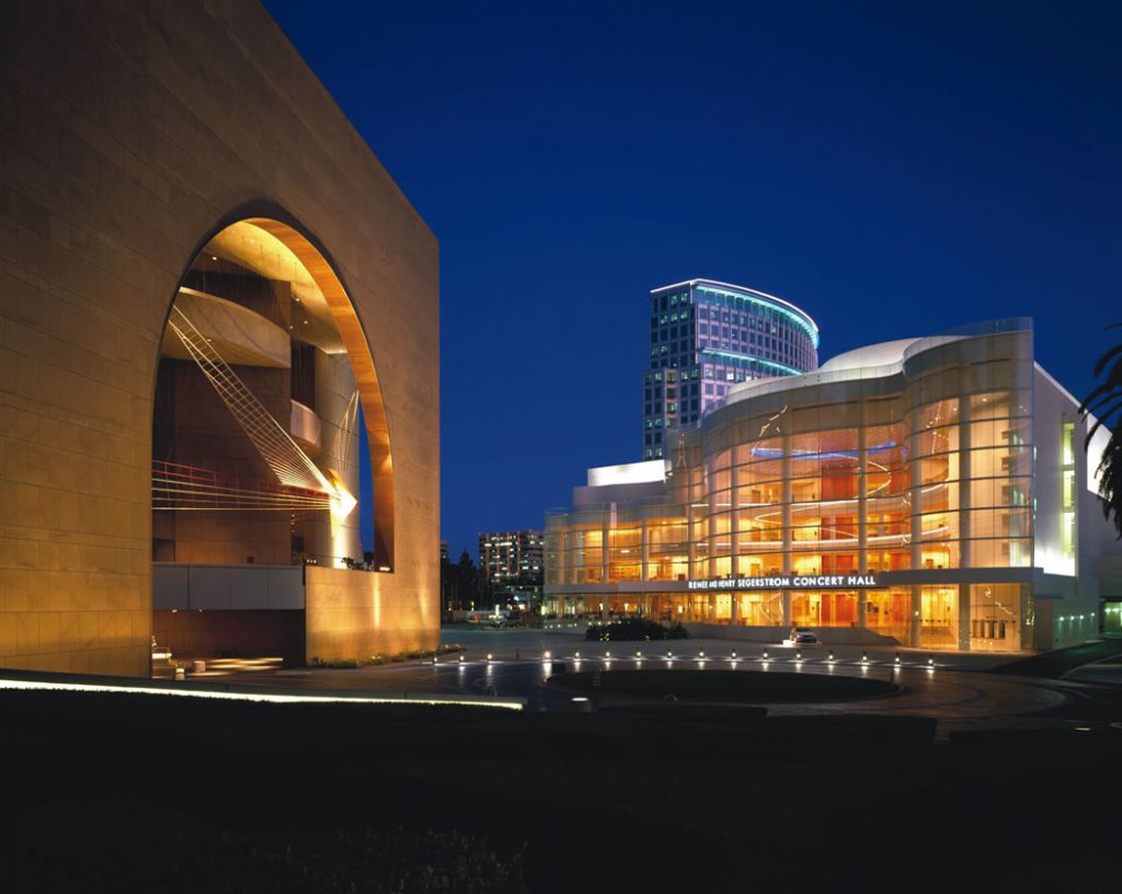 The Segerstrom Center for the Arts campus features the Arts Plaza and the Renée and Henry Segerstrom Concert Hall (right). RMA Photography Inc.