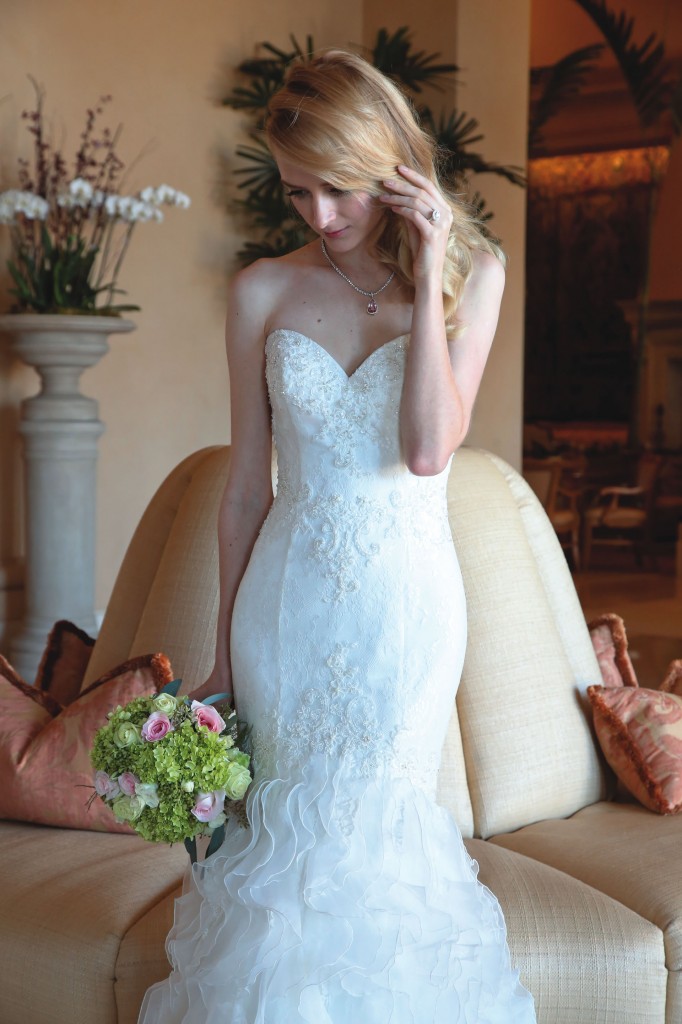 Mermaid silhouette dress with tulle skirt, at Casablanca Bridal; kunzite pendant diamond necklace, ring, at Mark  Patterson 