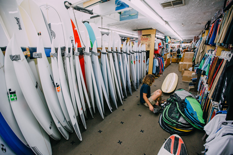 red and white surfboard