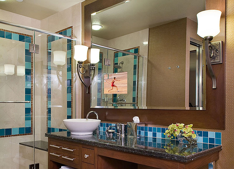 The Loft Electric Mirror features an embedded TV, available with advance order at Pirch, Costa Mesa (949-429-0800; pirch.com)
