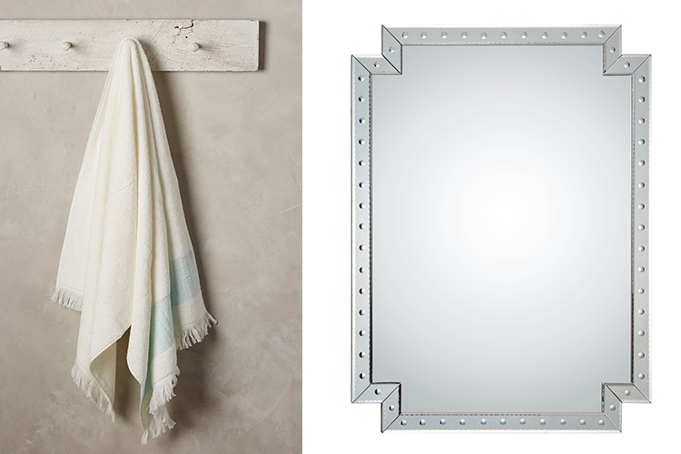 Left: LINEN-EDGED TOWEL COLLECTION, $10 to $48, at Anthropologie, Fashion Island (949-720-9946; anthropologie.com). Right: COLETTE WALL MIRROR, $1,050, at Barclay Butera Interiors, Westcliff Court (949-650-8570; barclaybutera.com) NBM