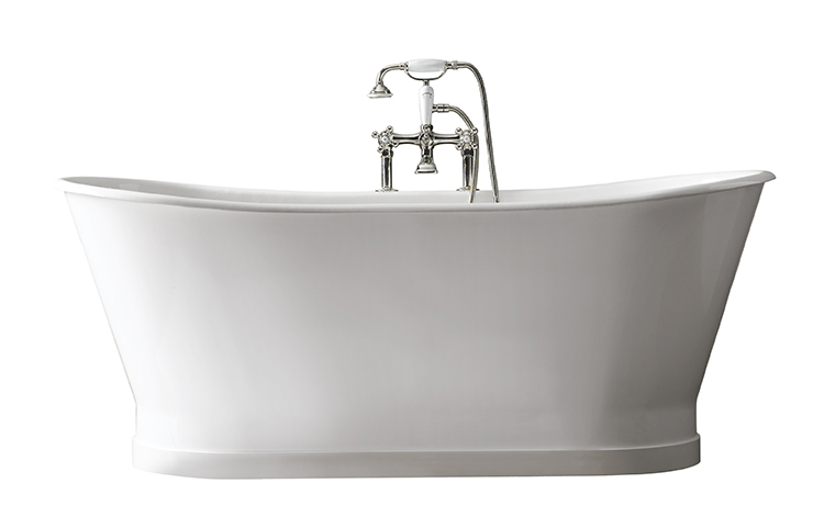 The PIEDMONT PEDESTAL  SOAKING TUB with a handheld  shower attachment is a modern alternative, $8,385, available with advance order at Restoration  Hardware, Fashion Island. (949-760-9232; rh.com)
