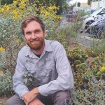 Kyle with Encelia farinosa & Salvia chamaedryoides_second one is a Mexican native which reaches close to SoCal but not technically in our state-Kyle Cheesborough-credit Tim Chadd