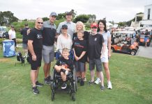 Captain of the Anaheim Ducks Ryan Getzlaf and two local families impacted by Duchenne at the Getzlaf Golf Shootout benefitting CureDuchenne-credit Shanda Venneau