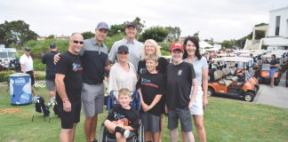 Captain of the Anaheim Ducks Ryan Getzlaf and two local families impacted by Duchenne at the Getzlaf Golf Shootout benefitting CureDuchenne-credit Shanda Venneau